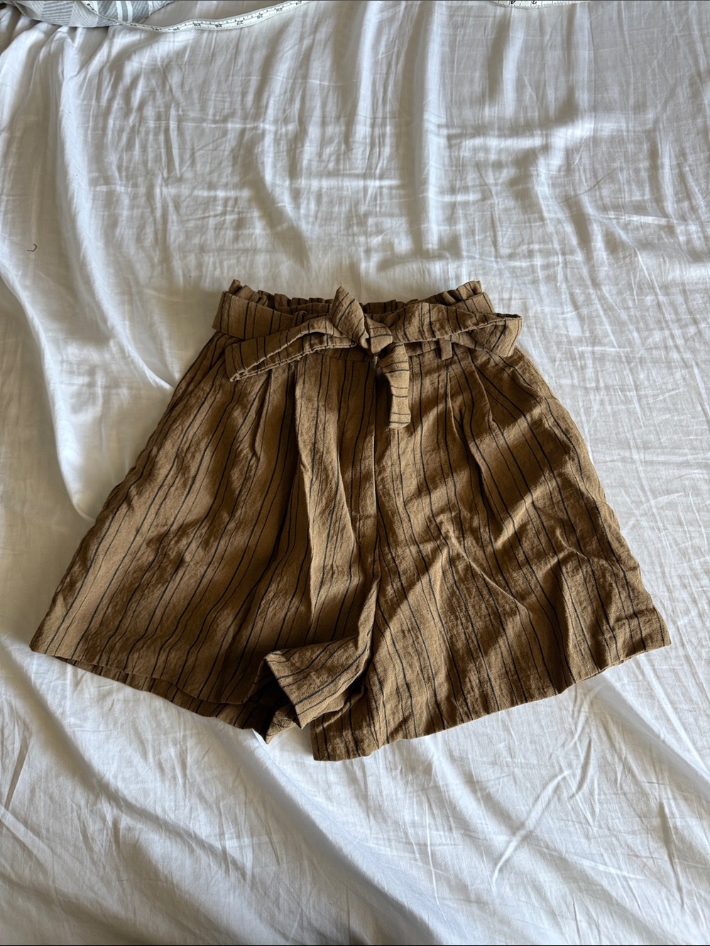 High-Waist Brown Striped Paperbag Shorts